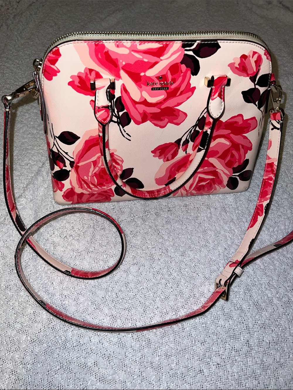kate spade Pink Floral Crossbody Dome Satchel with removable strap